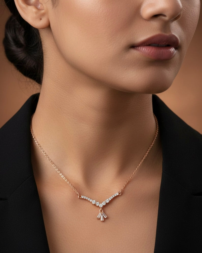 Chevron Crystal Design with Baguette Dangle - Rose Gold Necklace