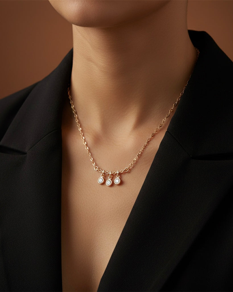 Diamond Link Chain with Triple Crystal Drops - Rose Gold Necklace