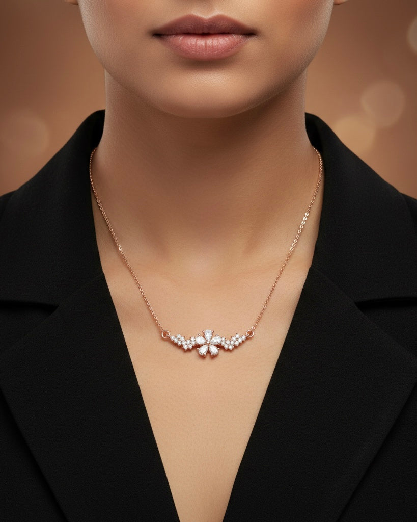 Teardrop Crystal Flower with Cluster Wings - Rose Gold-Plated Mangalsutra