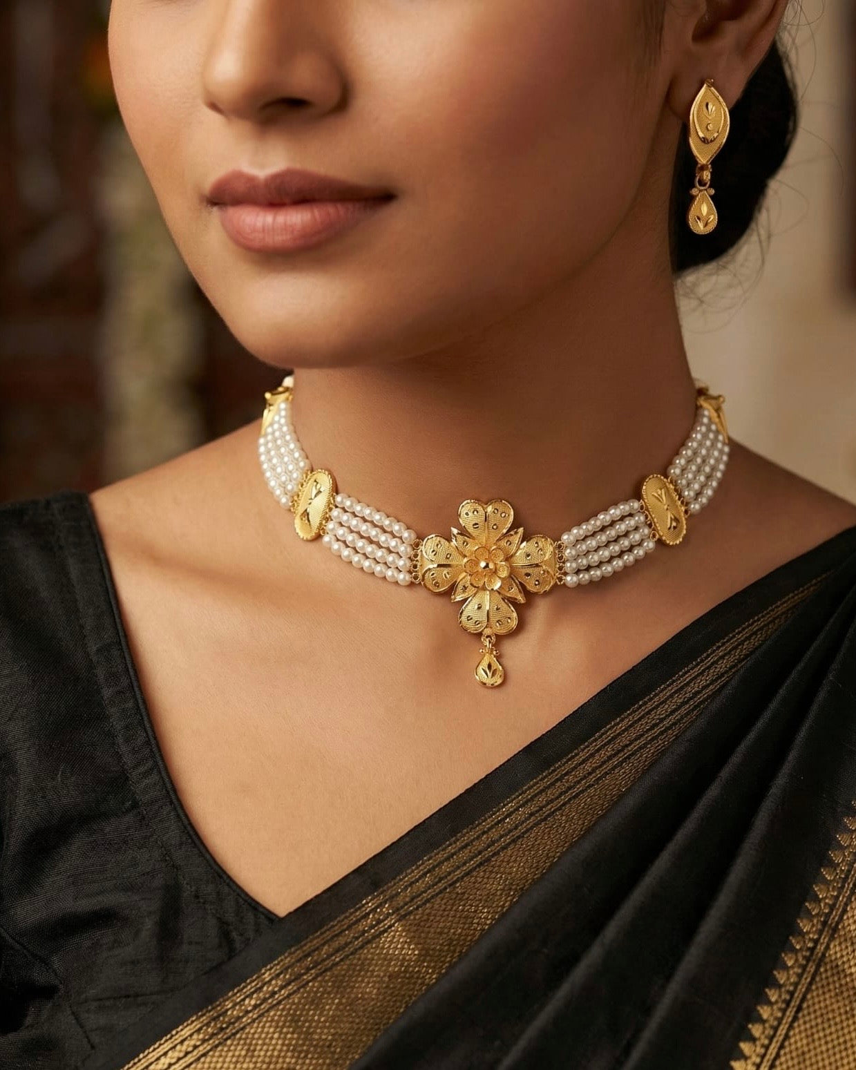 Necklace and Earring Set - Gold Plated Filigree Flower with Pearl Strands