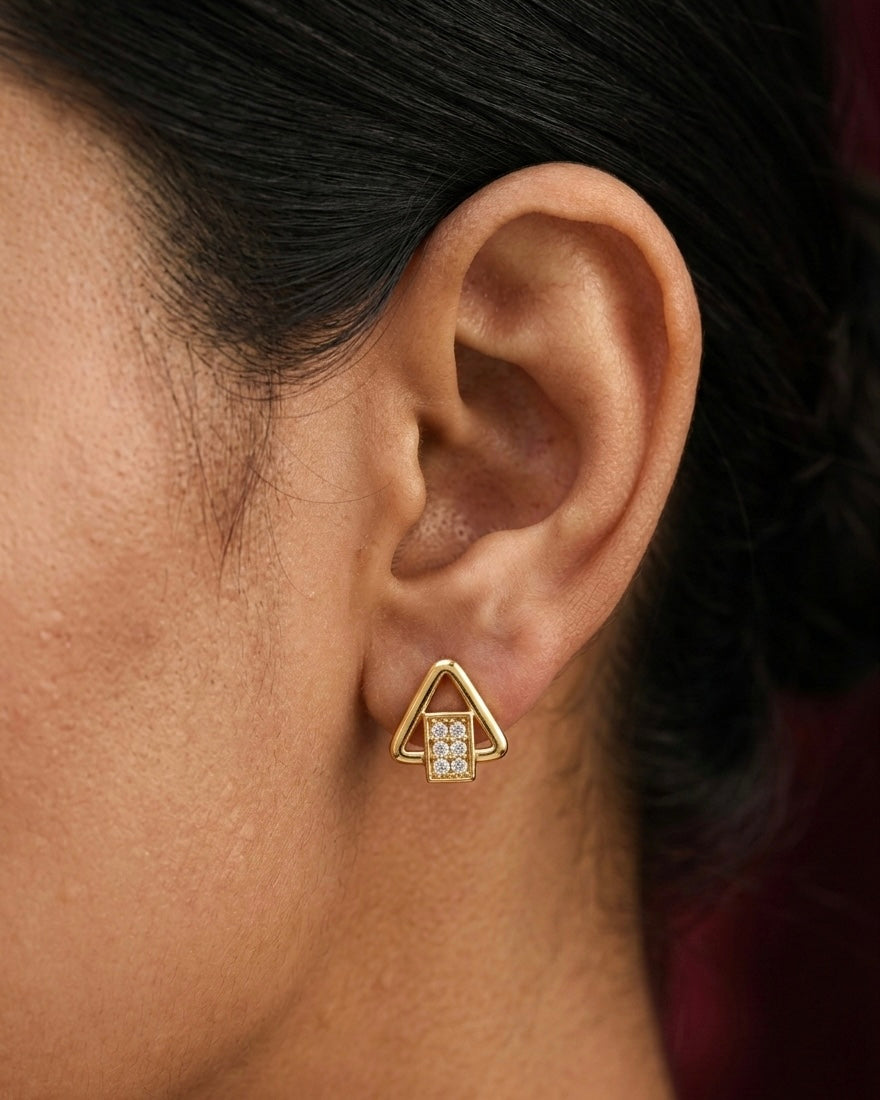 Triangle Earrings - Gold Plated Geometric Design with Crystal Pavé Rectangle