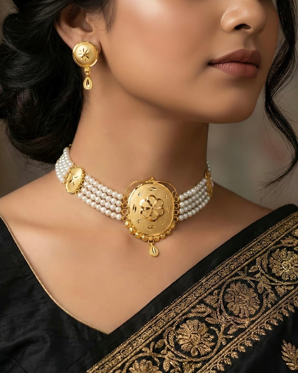 Ahsas Gold Plated Floral Medallion with Pearl Strands Necklace and Earring Set