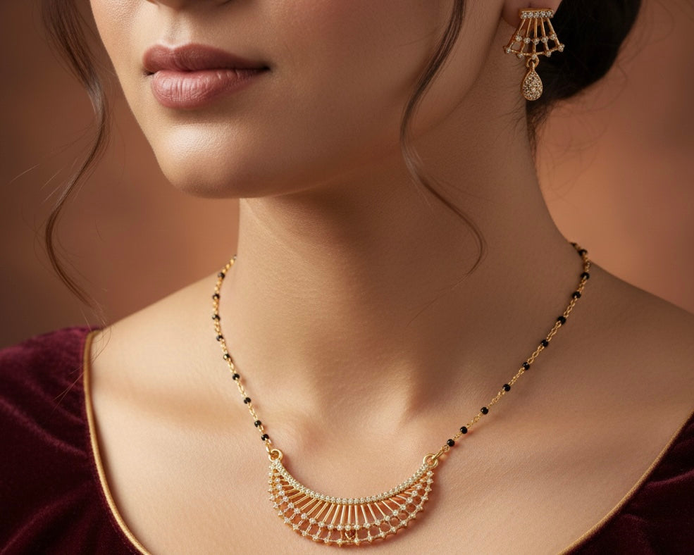 Mangalsutra Set with Earrings - Gold Plated Crystal Fan Design