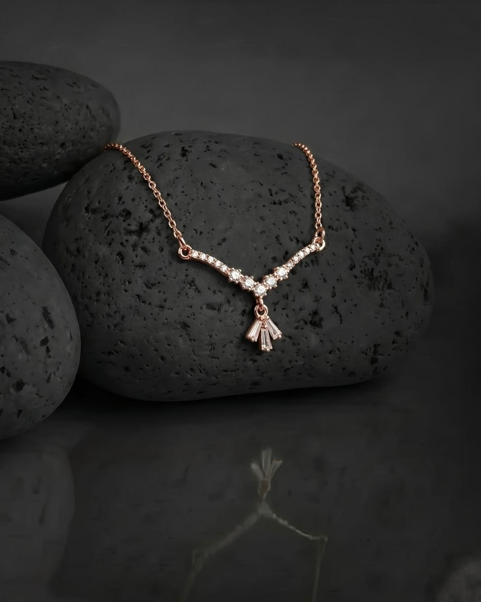 Chevron Crystal Design with Baguette Dangle - Rose Gold Necklace