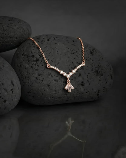 Chevron Crystal Design with Baguette Dangle - Rose Gold Necklace