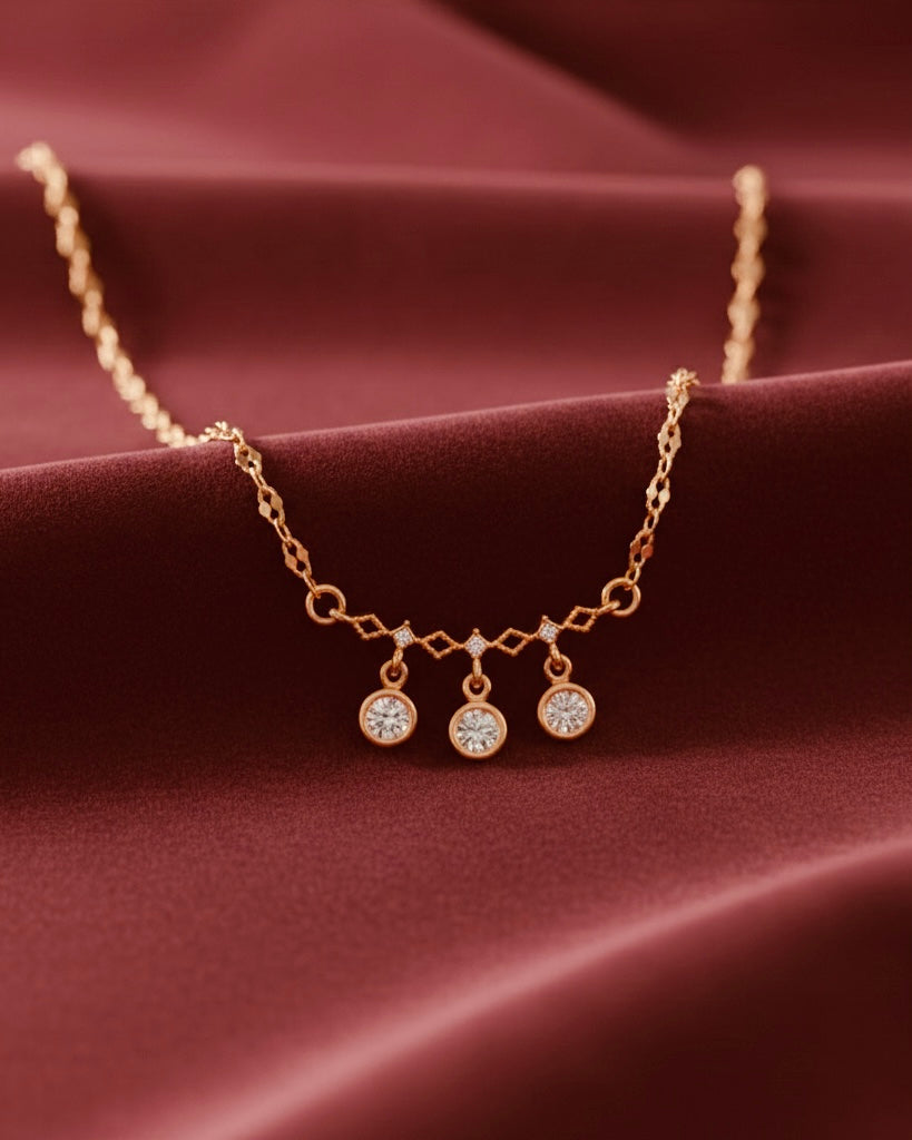 Diamond Link Chain with Triple Crystal Drops - Rose Gold Necklace