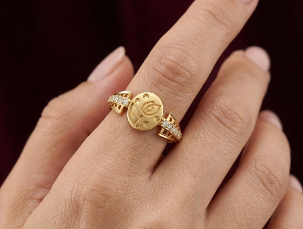 Floral Signet Ring - Gold Plated Engraved Disc with Crystal Pavé Bands