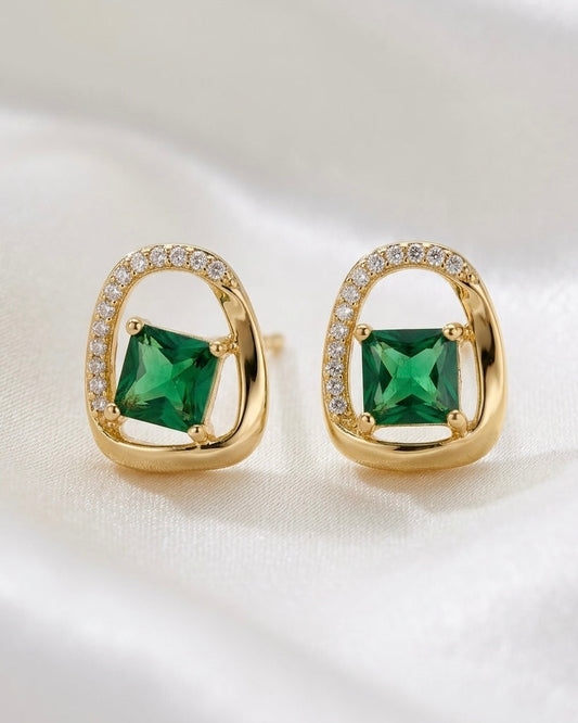 Emerald Green Princess-Cut Crystal Arch Stud Earrings
