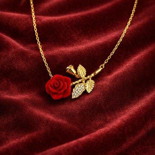 Red Rose Necklace - Gold Plated Crystal Stem Pendant
