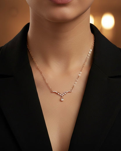Double Wing Design with Teardrop Crystal Pendant - Rose Gold-Plated Necklace