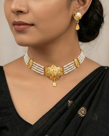 Ahsas Gold Plated Filigree Flower with Pearl Strands Necklace and Earring Set
