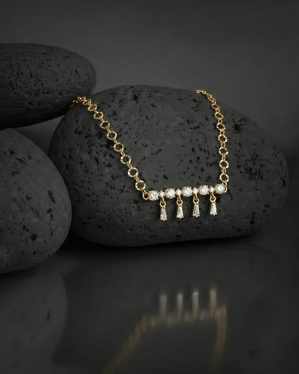 Crystal Cluster Bar with Teardrop Fringe Dangles - Rose Gold Necklace