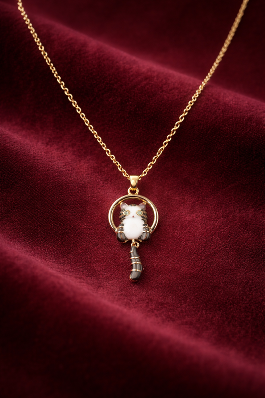 Cat Pendant Necklace - Gold Plated with Crystal Drop Charm