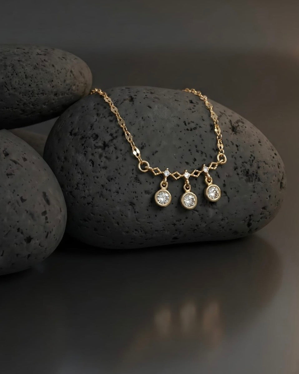 Diamond Link Chain with Triple Crystal Drops - Rose Gold Necklace