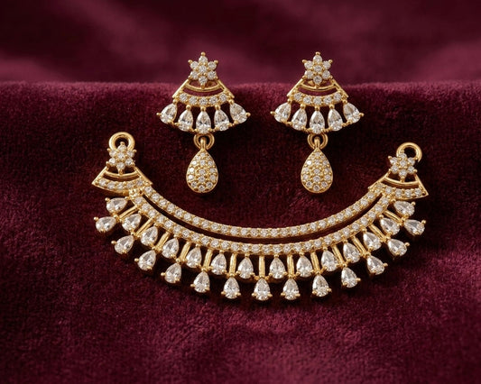 Gold Plated Crystal Star & Teardrop Design - Mangalsutra Set with Earrings