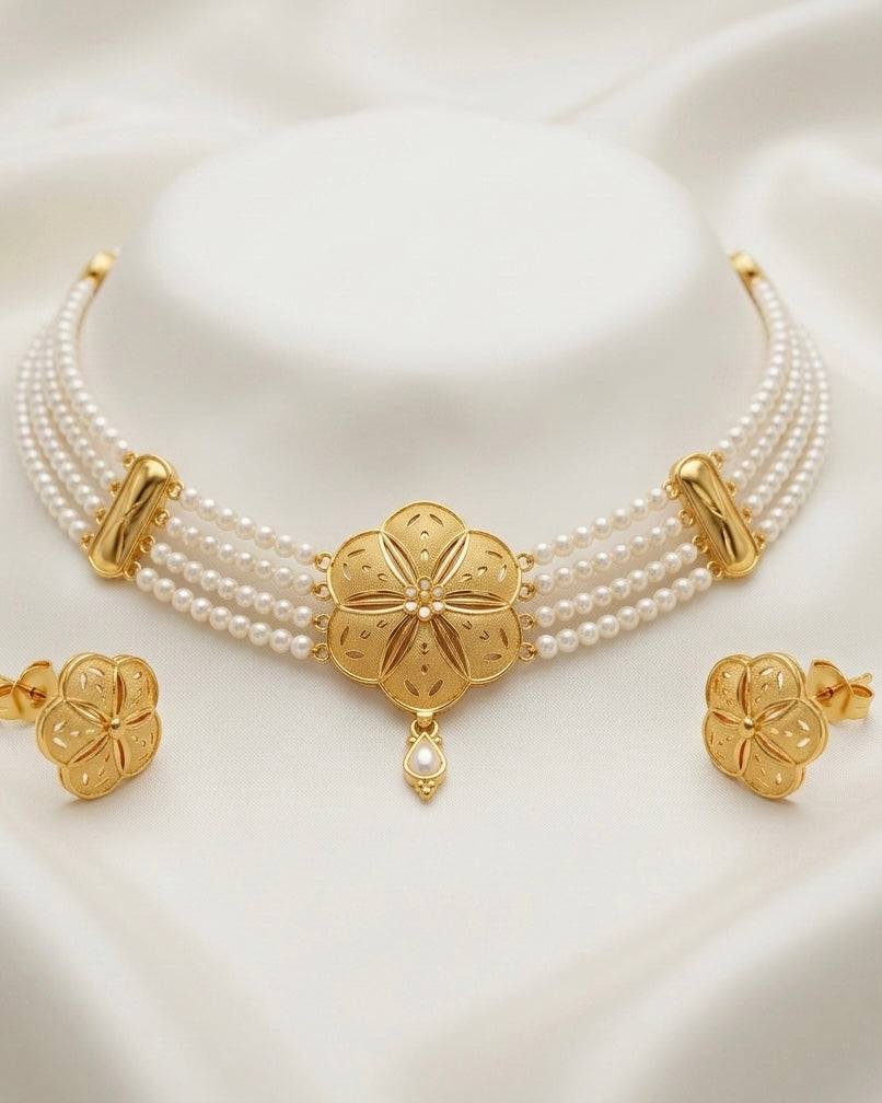 Ahsas Gold Plated Five-Petal Flower with Pearl Strands Necklace and Earring Set