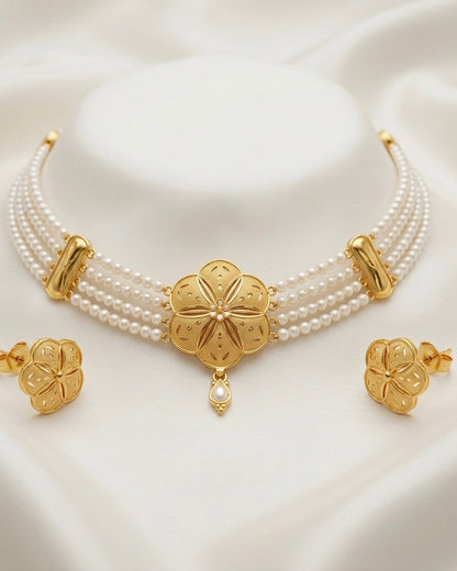 Ahsas Gold Plated Five-Petal Flower with Pearl Strands Necklace and Earring Set