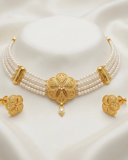 Ahsas Gold Plated Five-Petal Flower with Pearl Strands Necklace and Earring Set