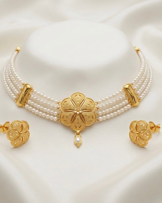 Ahsas Gold Plated Five-Petal Flower with Pearl Strands Necklace and Earring Set