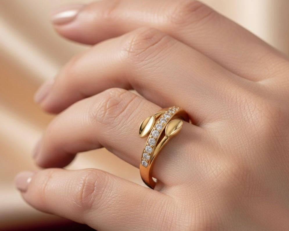 Leaf Wrap Ring - Gold Plated Nature Design with Crystal Pavé Band
