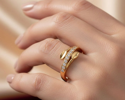 Leaf Wrap Ring - Gold Plated Nature Design with Crystal Pavé Band