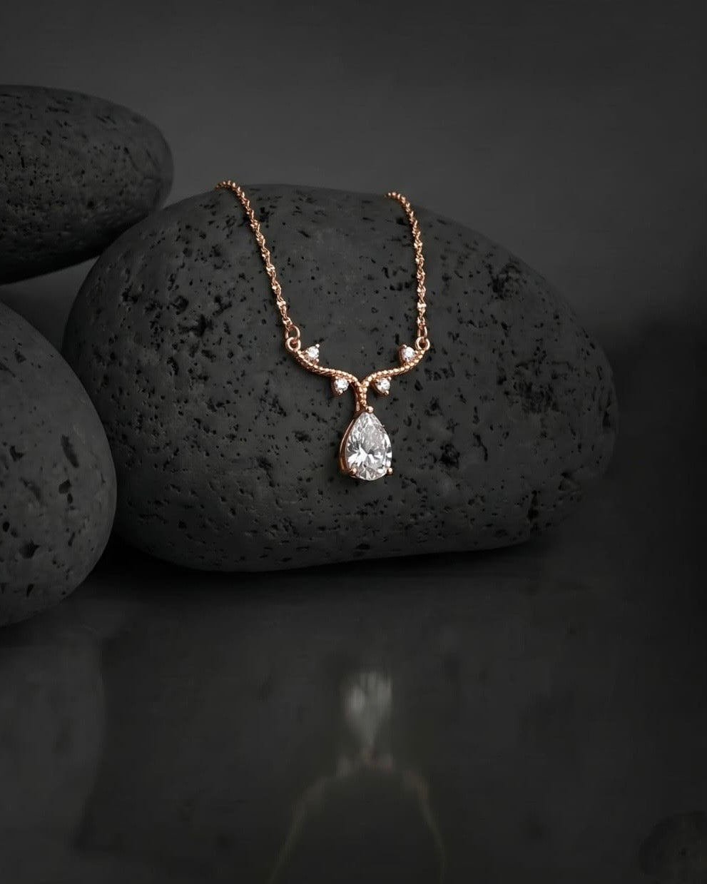 Rose Gold Necklace - Crystal Vine Design with Teardrop Pendant