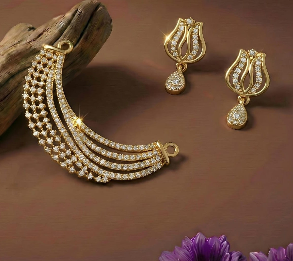 Gold Plated Multi-Layer Crystal Crescent - Mangalsutra Set with Earrings