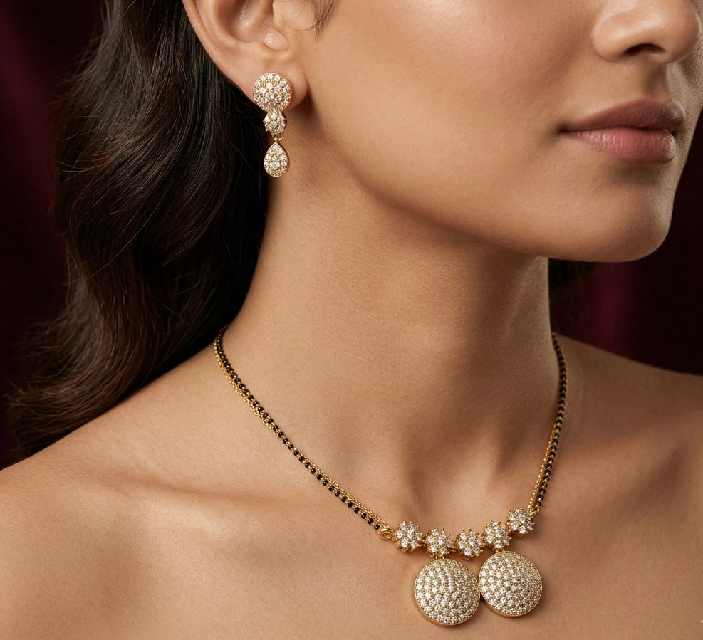 Mangalsutra Set with Earrings - Gold Plated Crystal Pavé Circular Design