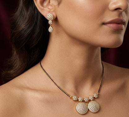 Mangalsutra Set with Earrings - Gold Plated Crystal Pavé Circular Design