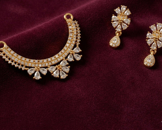 Mangalsutra Set with Earrings - Gold Plated Crystal Floral Design