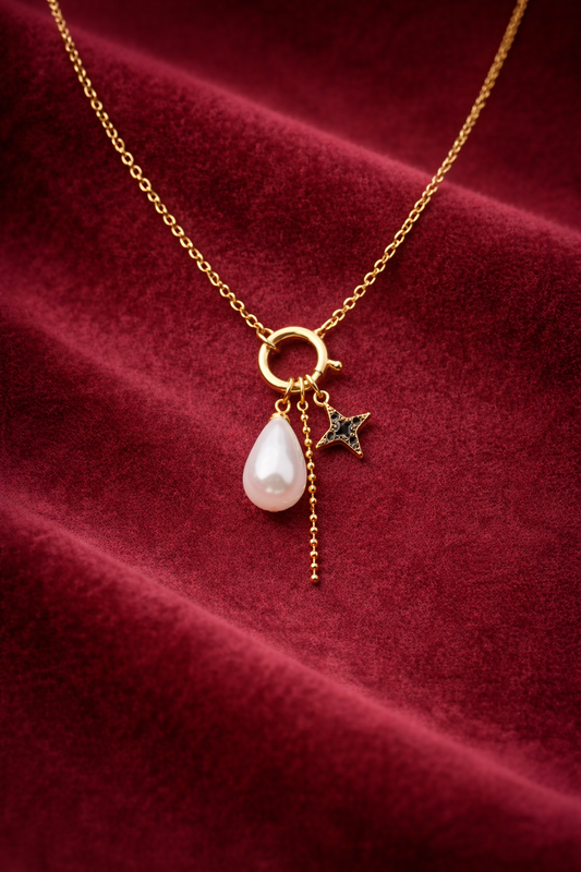 Pearl Star Charm Necklace - Gold Plated Multi-Charm Pendant