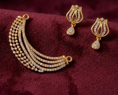 Gold Plated Multi-Layer Crystal Crescent - Mangalsutra Set with Earrings