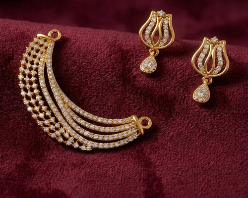 Gold Plated Multi-Layer Crystal Crescent - Mangalsutra Set with Earrings