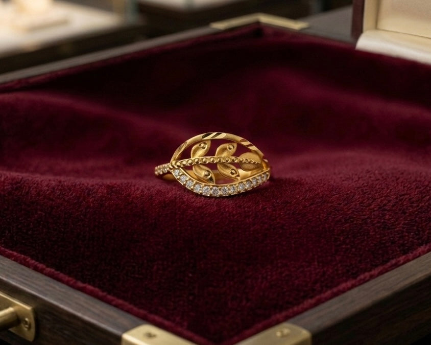 Leaf Dome Ring - Gold Plated Openwork Design with Crystal Pavé Accent