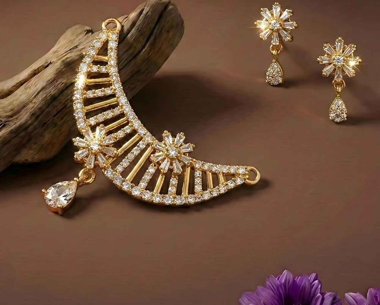 Gold Plated Starburst Ladder Design - Mangalsutra Set with Earrings