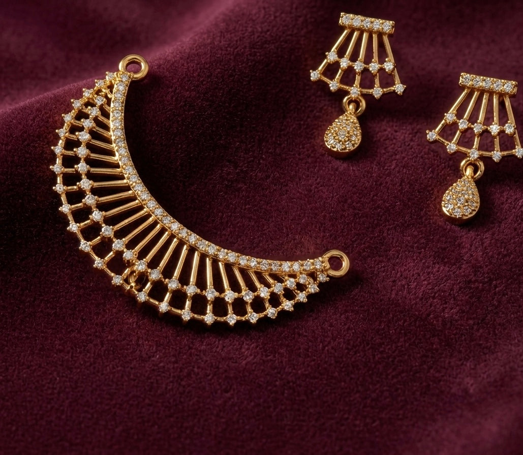 Mangalsutra Set with Earrings - Gold Plated Crystal Fan Design
