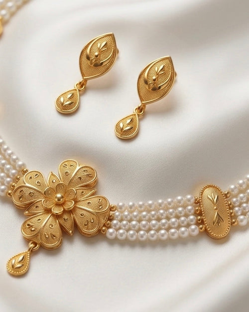 Necklace and Earring Set - Gold Plated Filigree Flower with Pearl Strands