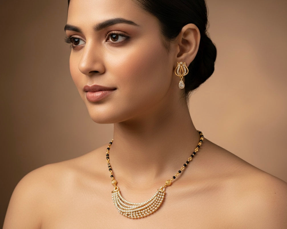 Gold Plated Multi-Layer Crystal Crescent - Mangalsutra Set with Earrings