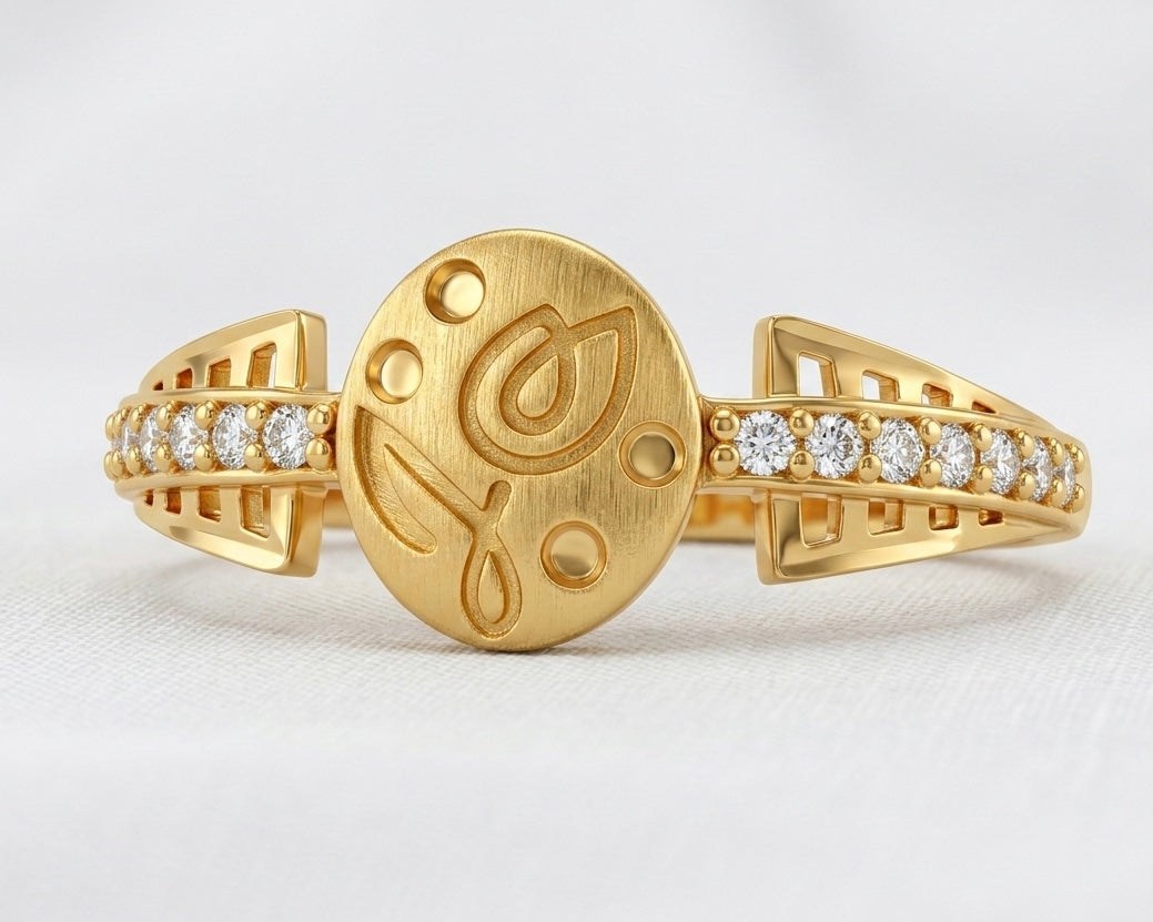 Floral Signet Ring - Gold Plated Engraved Disc with Crystal Pavé Bands