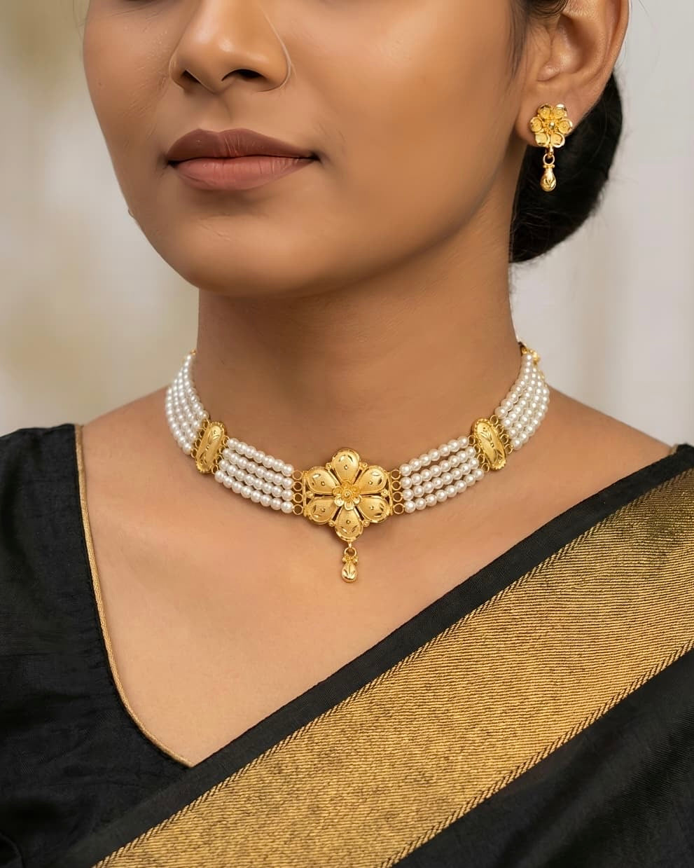 Ahsas Gold Plated Teardrop Petal Flower with Pearl Strands Necklace and Earring Set