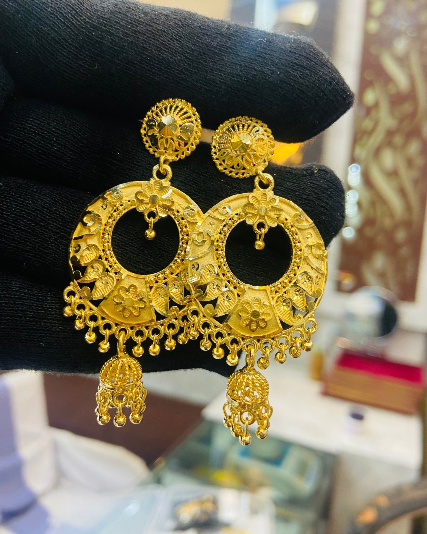 22KT Gold Plated Large Chandbali Floral Cutwork Jhumka Earrings