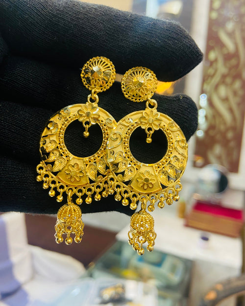 22KT Gold Plated Large Chandbali Floral Cutwork Jhumka Earrings