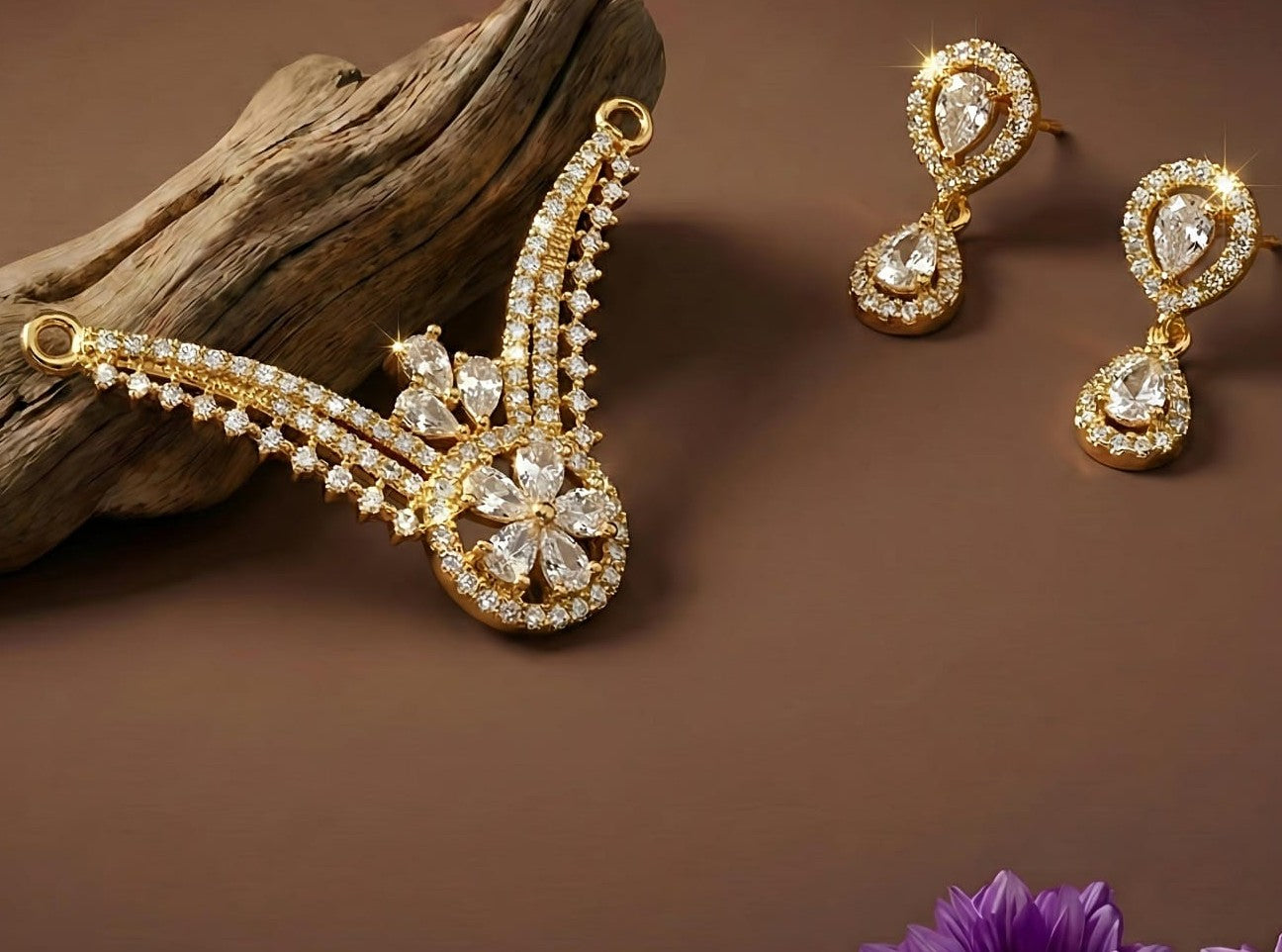 Mangalsutra Set with Earrings - Gold Plated Crystal Teardrop Design
