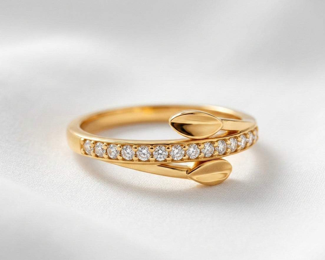 Leaf Wrap Ring - Gold Plated Nature Design with Crystal Pavé Band