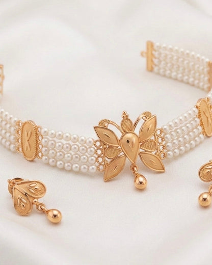 Necklace and Earring Set - Gold Plated Lotus Flower with Pearl Strands