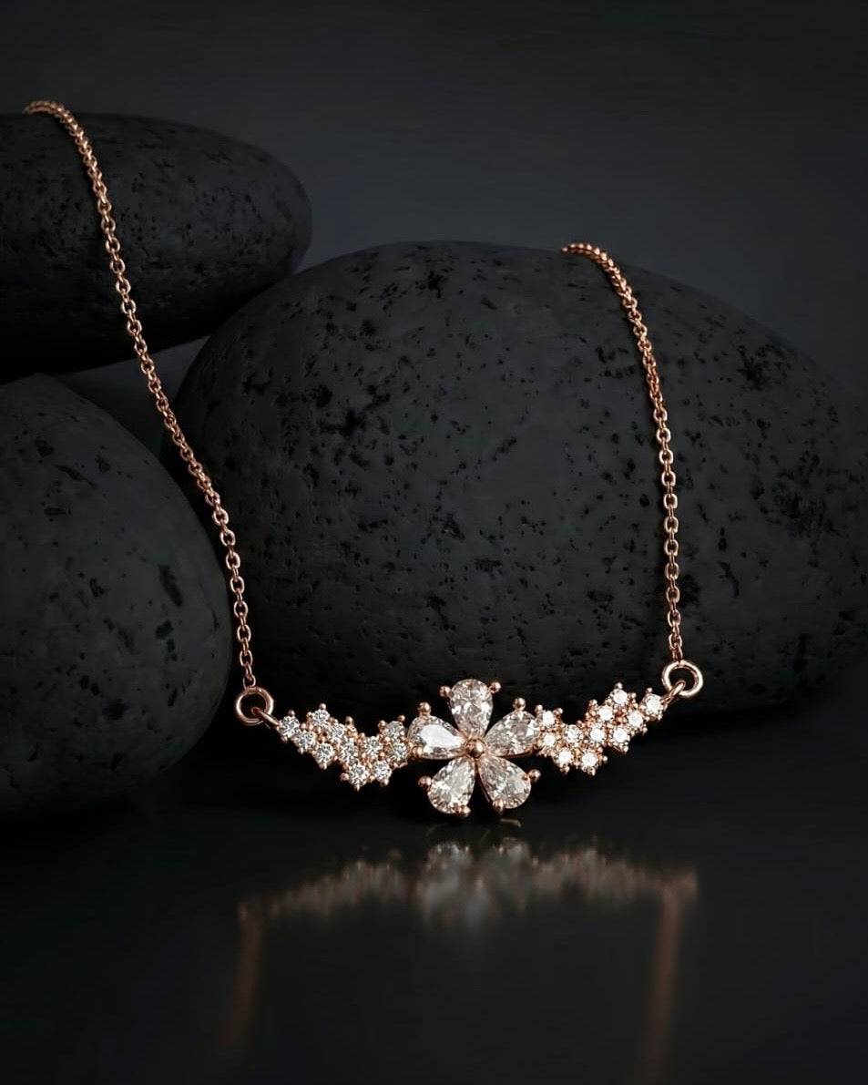 Teardrop Crystal Flower with Cluster Wings - Rose Gold-Plated Mangalsutra
