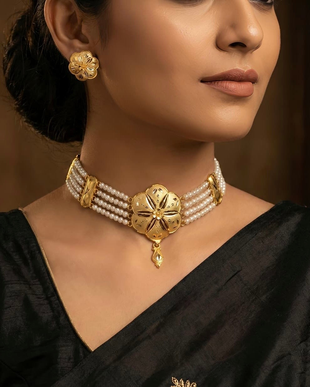 Ahsas Gold Plated Five-Petal Flower with Pearl Strands Necklace and Earring Set