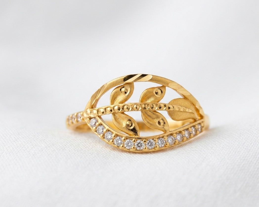 Leaf Dome Ring - Gold Plated Openwork Design with Crystal Pavé Accent