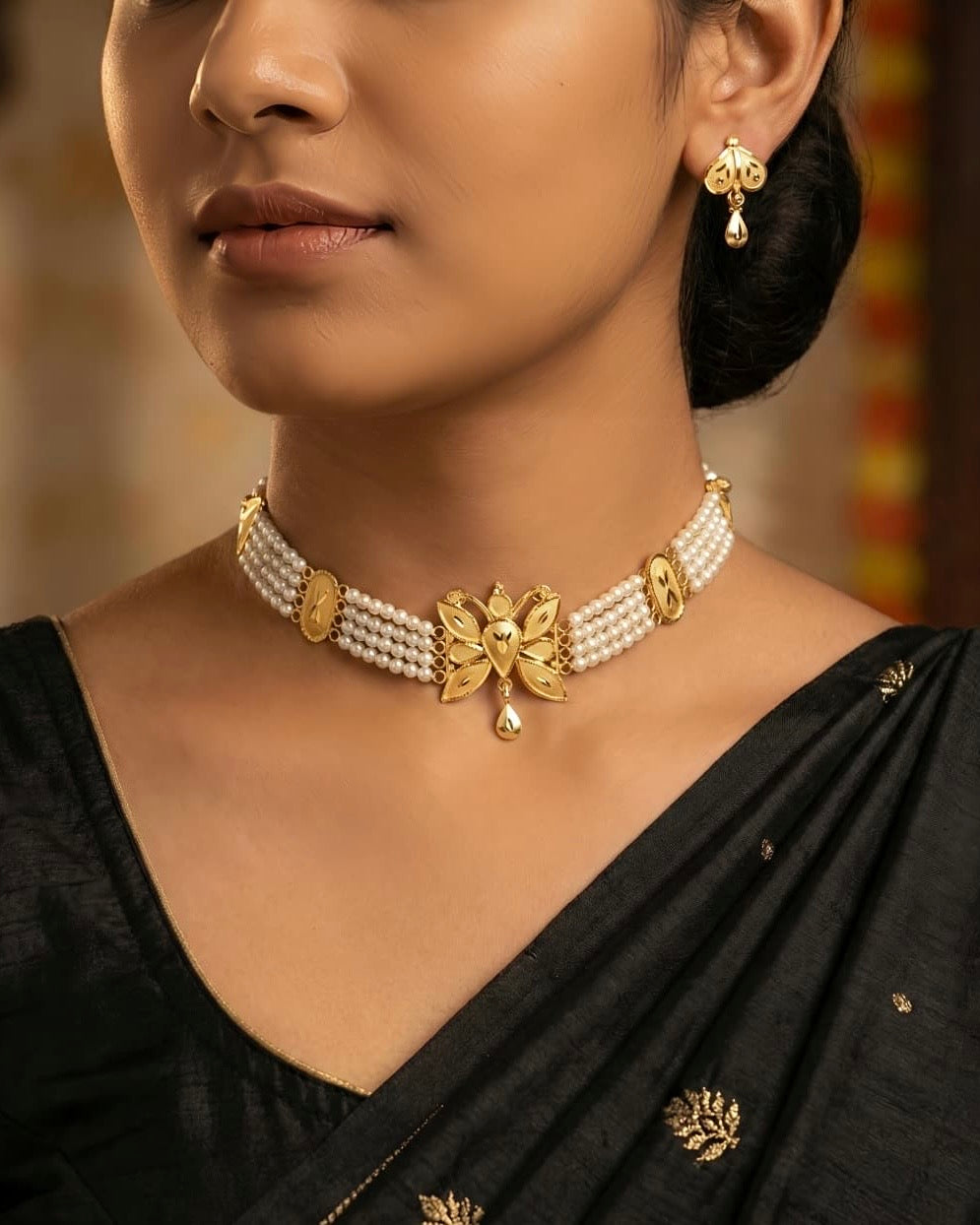 Necklace and Earring Set - Gold Plated Lotus Flower with Pearl Strands