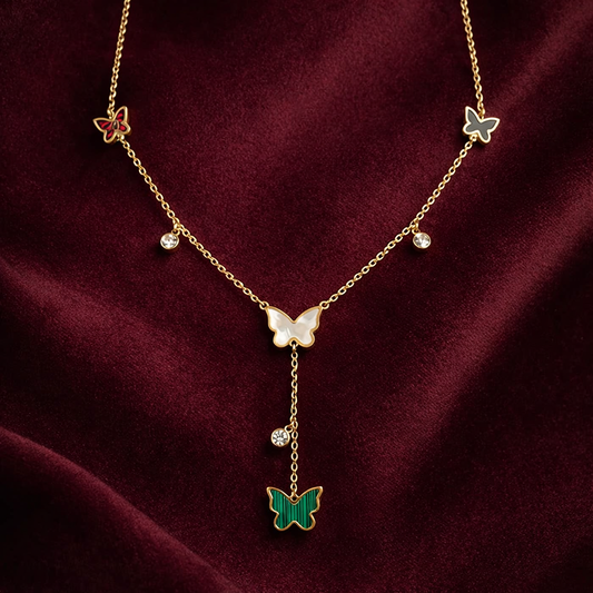 Multi-Butterfly Y-Necklace - Gold Plated Enamel Crystal Lariat